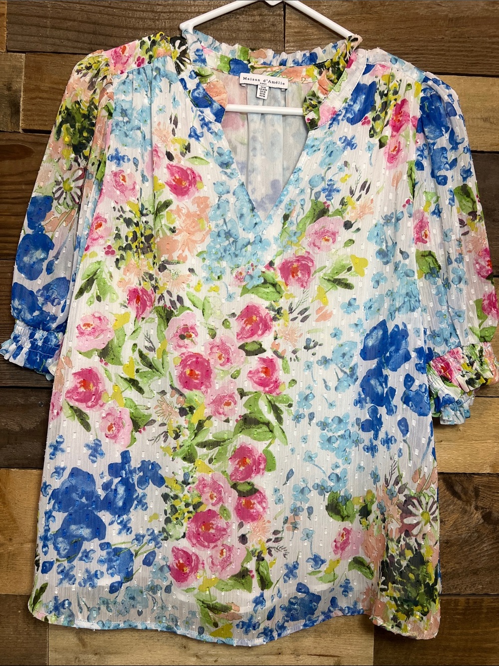 Madison D’Amelie Floral V-Neck Puff Sleeve Blouse — Floral Pastels